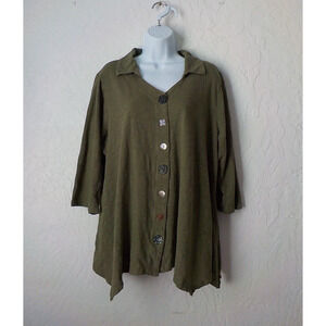 Avenue Green Button Up Tunic Top Size 18 / 20 Asymmetric Hem Artsy Boho Earthy